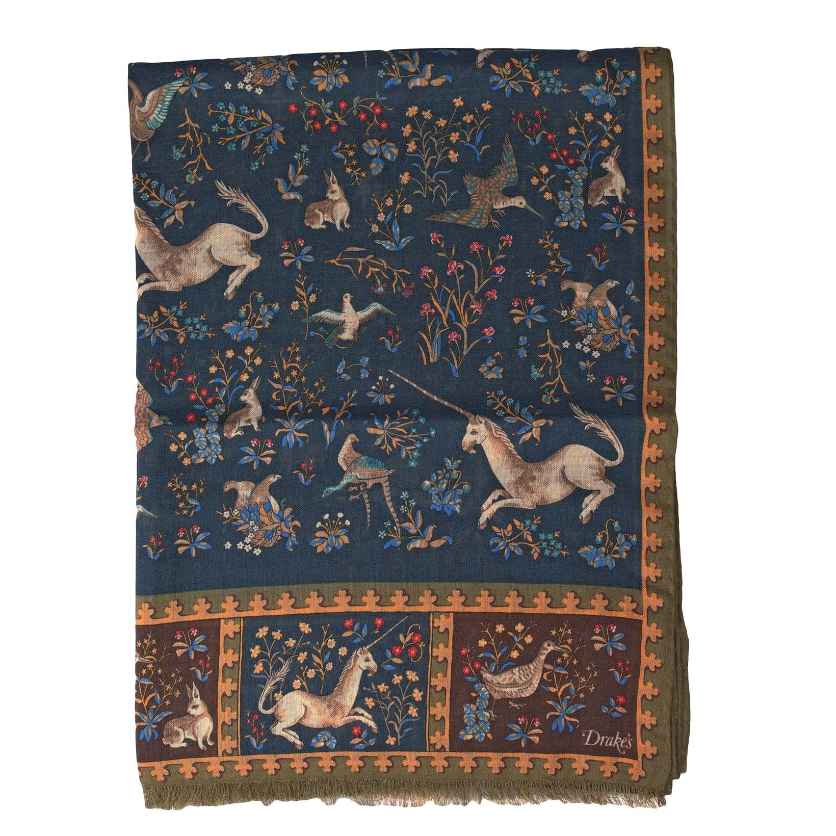 Unicorn Print Wool-Silk Scarf-Drake's-Conrad Hasselbach Shoes & Garment